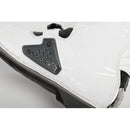 Featuring the Alpinestars Tech-8 Kick Start Protector, this white athletic shoe (size 8-10) from Crown Kiwi Enterprises Limited showcases a gray triangular design with small holes and screws, a black sole, and a textured glossy finish for enhanced durability.