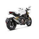 The Akrapovic Akrapovic Link Pipe Monster 821/1200 features a sleek titanium exhaust pipe with a slightly bent shape, welded sections, and a smooth, reflective surface standing out against a plain white background.