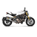 The Akrapovic Akrapovic Link Pipe Monster 821/1200 features a sleek titanium exhaust pipe with a slightly bent shape, welded sections, and a smooth, reflective surface standing out against a plain white background.