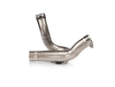The AKRAPOVIC Akrapovic Link Pipe Monster 937/Desert-X, a polished metal exhaust Y-pipe crafted from stainless steel with clamps on each end, boosts performance when paired with an Akrapovič Slip-On exhaust and is showcased against a sleek white background.