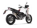 The AKRAPOVIC Akrapovic Link Pipe Monster 937/Desert-X, a polished metal exhaust Y-pipe crafted from stainless steel with clamps on each end, boosts performance when paired with an Akrapovič Slip-On exhaust and is showcased against a sleek white background.