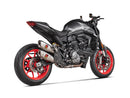 The AKRAPOVIC Akrapovic Link Pipe Monster 937/Desert-X, a polished metal exhaust Y-pipe crafted from stainless steel with clamps on each end, boosts performance when paired with an Akrapovič Slip-On exhaust and is showcased against a sleek white background.