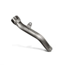 The Akrapovic Link Pipe ZX10R/RR 2021-23 by AKRAPOVIC embodies the racing spirit with its sleek metallic titanium build and sturdy mounting bracket, hinting at enhanced power and torque. Set against a white background, its slightly bent shape elevates performance aesthetics.