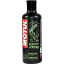Motul Perfect Leather 250ml cleaner and protector comes in a sleek black bottle featuring the Motul logo in red and white on the front label. The label also includes an illustration of a motorcycle jacket and boots, along with text in both French and English that describes its uses for cleaning, restoring, waterproofing, and protecting leather.