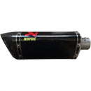 The Akrapovic Replacement Carbon Muffler by AKRAPOVIC is a sleek and angular motorcycle exhaust pipe designed specifically for the Yamaha MT-07. It features a striking carbon fiber finish complemented by a prominent red and yellow Akrapovic logo on its side, along with a smooth metallic section at the end.