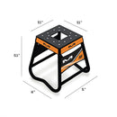 The MATRIX Mini A2 Stand Black is a black and white metal motorcycle stand made from aircraft quality tubing. It has a square top with a textured pattern and "Matrix" branding on the sides, featuring an anti-rock design and a sturdy, minimalist frame.