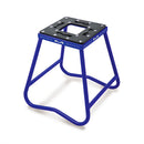 Introducing the MATRIX C1 Steel Stand Blue, a remarkable creation by Crown Kiwi Enterprises Limited. This expertly crafted motorcycle stand features durable carbon steel with a sophisticated black top and a square opening in the center. Its trapezoidal side design highlights its robust construction, complete with a powder-coated finish and the "MATRIX" brand printed prominently on the frame.