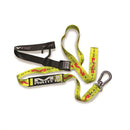 Introducing the MATRIX M1.5 Phatty Tie Downs Yellow, a multi-colored pet leash featuring an intricate combination of black, yellow, and red patterns. This stylish leash includes a swivel carabineer at one end and is equipped with a black buckle fastener along with a durable black handle. Displayed flat on a white background, the MATRIX brand ensures both functionality and flair for your pet's walking accessory needs.