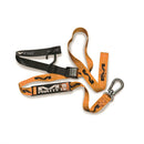 Introducing the MATRIX M1.5 Phatty Tie Downs Orange by Crown Kiwi Enterprises Limited—an orange and black tie-down strap designed with a swivel carabineer on one end and a metal clip on the other. The coiled strap features custom graphics and text, ideal for efficiently securing your belongings.