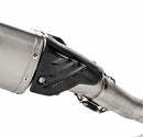 Close-up of an Akrapovic Heat Shield - Carbon BMW S1000 on a BMW S 1000 RR. This AKRAPOVIC component features a sleek, metallic finish and carbon-fibre heatshield, connected by bolts that highlight detailed craftsmanship and modern design.