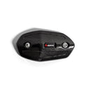 The Akrapovic Heat Shield Ninja 1000SX by AKRAPOVIC is a black, oval-shaped carbon fiber motorcycle exhaust cover with a textured finish. It showcases an "Akrapovič" logo in the center, accented with red and white details. Two chrome screws secure the cover in place. This sleek and modern design fits perfectly on the Ninja 1000SX with its Slip-On Line exhaust system.