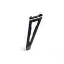 The Akrapovic Muffler Bracket Aprilia 660 by AKRAPOVIC, in black aluminum, features two top cylindrical mounting holes, one bottom hole, and a rectangular cutout in the middle; it is displayed against a white background.