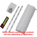 The Akrapovic Repack Kit CRF450R/RX by AKRAPOVIC includes metal brackets, a muffler repack kit with dampening material, a long exhaust wrap, and an Akrapovič logo sticker. Note: "Generic picture only; contents will vary depending on application.
