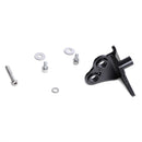 The Akrapovic Passenger Footrest Fitting Kit by Crown Kiwi Enterprises Limited features a collection of metallic hardware components on a white background, including washers, screws, bolts, and a black bracket with circular cutouts.