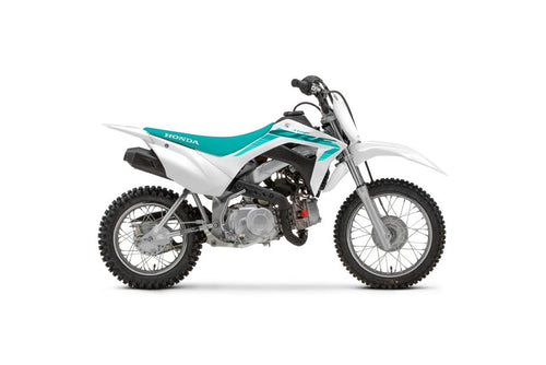 A Honda CRF110F White/Aqua shown in a side view. The bike features knobby tires, a compact frame, and is designed for off-road usage, perfect for navigating through gardens and lawns.