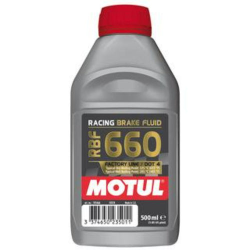 Image of a bottle made of gray plastic featuring a red cap, containing Motul RBF 660 Brake Fluid 500ml. The label displays "RACING BRAKE FLUID RBF 660 Factory Line DOT 4" in yellow and white text. This high-performance, non-silicone synthetic fluid is perfect for racing brakes, with its capacity of 500 ml indicated at the bottom right corner.