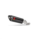 The Akrapovic Muffler Aprilia RSV4/Tuono by AKRAPOVIC showcases a sleek carbon fiber Slip-On Line exhaust system with a metallic mid-pipe and features a logo with a red "A" and the word "Akrapovič." The exhaust pipe boasts a glossy black finish adorned with geometric patterns, delivering the signature Akrapovič sound. It is positioned horizontally on a white background.