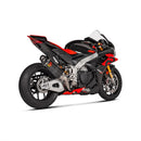The Akrapovic Muffler Aprilia RSV4/Tuono by AKRAPOVIC showcases a sleek carbon fiber Slip-On Line exhaust system with a metallic mid-pipe and features a logo with a red "A" and the word "Akrapovič." The exhaust pipe boasts a glossy black finish adorned with geometric patterns, delivering the signature Akrapovič sound. It is positioned horizontally on a white background.