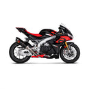The Akrapovic Muffler Aprilia RSV4/Tuono by AKRAPOVIC showcases a sleek carbon fiber Slip-On Line exhaust system with a metallic mid-pipe and features a logo with a red "A" and the word "Akrapovič." The exhaust pipe boasts a glossy black finish adorned with geometric patterns, delivering the signature Akrapovič sound. It is positioned horizontally on a white background.