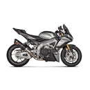 The Akrapovic Muffler Aprilia RSV4/Tuono by AKRAPOVIC showcases a sleek carbon fiber Slip-On Line exhaust system with a metallic mid-pipe and features a logo with a red "A" and the word "Akrapovič." The exhaust pipe boasts a glossy black finish adorned with geometric patterns, delivering the signature Akrapovič sound. It is positioned horizontally on a white background.