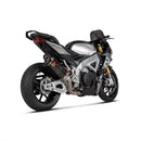 The Akrapovic Muffler Aprilia RSV4/Tuono by AKRAPOVIC showcases a sleek carbon fiber Slip-On Line exhaust system with a metallic mid-pipe and features a logo with a red "A" and the word "Akrapovič." The exhaust pipe boasts a glossy black finish adorned with geometric patterns, delivering the signature Akrapovič sound. It is positioned horizontally on a white background.