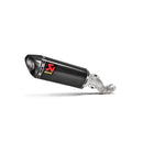 A sleek Akrapovic Muffler Aprilia RSV4/Tuono in black and silver, featuring the AKRAPOVIC brand's logo prominently displayed. This slip-on exhaust system boasts a carbon fiber texture and a curved metal connector, making it ideal for Aprilia motorcycles. The background is plain white.
