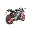 A sleek Akrapovic Muffler Aprilia RSV4/Tuono in black and silver, featuring the AKRAPOVIC brand's logo prominently displayed. This slip-on exhaust system boasts a carbon fiber texture and a curved metal connector, making it ideal for Aprilia motorcycles. The background is plain white.