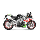 A sleek Akrapovic Muffler Aprilia RSV4/Tuono in black and silver, featuring the AKRAPOVIC brand's logo prominently displayed. This slip-on exhaust system boasts a carbon fiber texture and a curved metal connector, making it ideal for Aprilia motorcycles. The background is plain white.