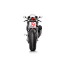 A sleek Akrapovic Muffler Aprilia RSV4/Tuono in black and silver, featuring the AKRAPOVIC brand's logo prominently displayed. This slip-on exhaust system boasts a carbon fiber texture and a curved metal connector, making it ideal for Aprilia motorcycles. The background is plain white.
