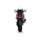 The Akrapovic Full System RS660 2021-23 by AKRAPOVIC features a sleek black muffler with a red and yellow logo, shiny metallic pipes curving to the right for a modern aerodynamic design, and delivers an exhilarating racing sound that enhances performance.