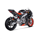 The Akrapovic Full System RS660 2021-23 by AKRAPOVIC features a sleek black muffler with a red and yellow logo, shiny metallic pipes curving to the right for a modern aerodynamic design, and delivers an exhilarating racing sound that enhances performance.
