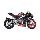 The Akrapovic Full System RS660 2021-23 by AKRAPOVIC features a sleek black muffler with a red and yellow logo, shiny metallic pipes curving to the right for a modern aerodynamic design, and delivers an exhilarating racing sound that enhances performance.