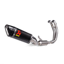 The Akrapovic Full System RS660 2021-23 by AKRAPOVIC features a sleek black muffler with a red and yellow logo, shiny metallic pipes curving to the right for a modern aerodynamic design, and delivers an exhilarating racing sound that enhances performance.