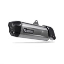 The Akrapovic Slip On Tuareg 660 2022-23 by AKRAPOVIC is a silver titanium motorcycle exhaust with dual outlets and an upward-angled dark carbon fiber tip, offering a sleek look and enhanced durability. The brand name is prominently displayed on the side.