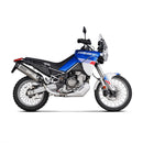 The Akrapovic Slip On Tuareg 660 2022-23 by AKRAPOVIC is a silver titanium motorcycle exhaust with dual outlets and an upward-angled dark carbon fiber tip, offering a sleek look and enhanced durability. The brand name is prominently displayed on the side.