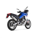The Akrapovic Slip On Tuareg 660 2022-23 by AKRAPOVIC is a silver titanium motorcycle exhaust with dual outlets and an upward-angled dark carbon fiber tip, offering a sleek look and enhanced durability. The brand name is prominently displayed on the side.
