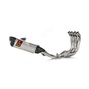 The Akrapovic Full System BMW S1000RR 19-23 by AKRAPOVIC boasts a sleek metallic design with multiple curved pipes and a black end cap. Featuring the standout logo—a red "S" on a yellow background—it exudes style and efficiency against a plain white backdrop.