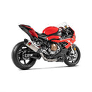 The Akrapovic Full System BMW S1000RR 19-23 by AKRAPOVIC boasts a sleek metallic design with multiple curved pipes and a black end cap. Featuring the standout logo—a red "S" on a yellow background—it exudes style and efficiency against a plain white backdrop.