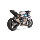 The Akrapovic Full System BMW S1000RR 19-23 by AKRAPOVIC boasts a sleek metallic design with multiple curved pipes and a black end cap. Featuring the standout logo—a red "S" on a yellow background—it exudes style and efficiency against a plain white backdrop.
