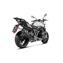 A sleek, black Akrapovic Slip On Muffler for the BMW R1250R/RS motorcycle features a dual-outlet design. The AKRAPOVIC branding logo is prominently displayed on the side of the exhaust. With metallic and carbon fiber elements and the signature Akrapovic sound, it boasts a modern and high-performance appearance.