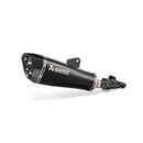 A sleek, black Akrapovic Slip On Muffler for the BMW R1250R/RS motorcycle features a dual-outlet design. The AKRAPOVIC branding logo is prominently displayed on the side of the exhaust. With metallic and carbon fiber elements and the signature Akrapovic sound, it boasts a modern and high-performance appearance.