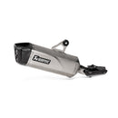 The Akrapovic Slip-On Muffler BMW R1250GS by AKRAPOVIC features a silver motorcycle exhaust pipe with a carbon fiber tip, logo on the side, and an attached mounting bracket, all isolated on a white background.