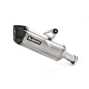 The Akrapovic Slip-On Muffler BMW R1250GS by AKRAPOVIC features a silver motorcycle exhaust pipe with a carbon fiber tip, logo on the side, and an attached mounting bracket, all isolated on a white background.