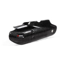 The Akrapovic Slip-On Muffler BMW R1250GS by AKRAPOVIC features a silver motorcycle exhaust pipe with a carbon fiber tip, logo on the side, and an attached mounting bracket, all isolated on a white background.