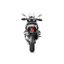 The Akrapovic Slip-On Muffler for BMW R1250GS sports a sleek silver and black design with a tapered end and mounting bracket, emblazoned with the white AKRAPOVIC logo. It enhances performance while delivering the iconic Akrapovič sound.