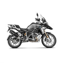 The Akrapovic Slip-On Muffler for BMW R1250GS sports a sleek silver and black design with a tapered end and mounting bracket, emblazoned with the white AKRAPOVIC logo. It enhances performance while delivering the iconic Akrapovič sound.