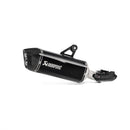 The Akrapovic Slip-On Muffler for BMW R1250GS sports a sleek silver and black design with a tapered end and mounting bracket, emblazoned with the white AKRAPOVIC logo. It enhances performance while delivering the iconic Akrapovič sound.