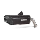 The Akrapovic Slip On Muffler for BMW F750/850GS is a sleek black exhaust, crafted from lightweight titanium with a metallic tip and mounting bracket. Featuring the AKRAPOVIC logo on its side, it highlights a modern design.