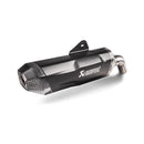 The Akrapovic Slip On Muffler for BMW F750/850GS is a sleek black exhaust, crafted from lightweight titanium with a metallic tip and mounting bracket. Featuring the AKRAPOVIC logo on its side, it highlights a modern design.