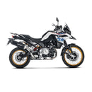 The Akrapovic Slip On Muffler for BMW F750/850GS is a sleek black exhaust, crafted from lightweight titanium with a metallic tip and mounting bracket. Featuring the AKRAPOVIC logo on its side, it highlights a modern design.